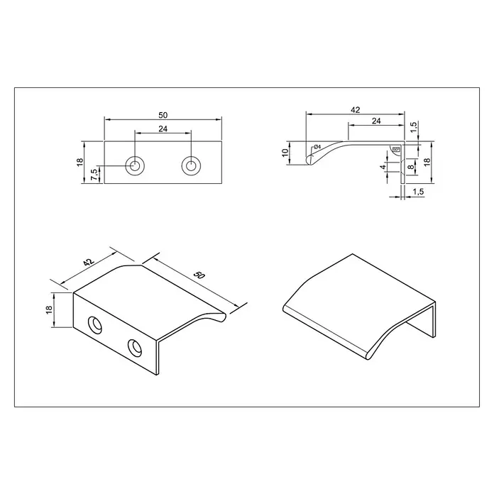 Cordia Möbelgriff 5 cm - Lochabstand: 24 mm, Aluminium, Gold - Technische Zeichnung eines 50 mm langen, 18 mm hohen gebogenen Schrankgriffs mit zwei Befestigungslöchern.
