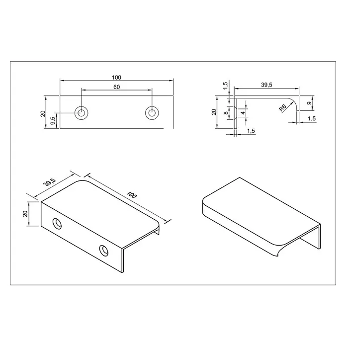Cordia Möbelgriff 10 cm - Lochabstand: 60 mm, Aluminium, Gold - C-förmiger Metallgriff oder -halter mit zwei Befestigungslöchern und technischen Abmessungen.