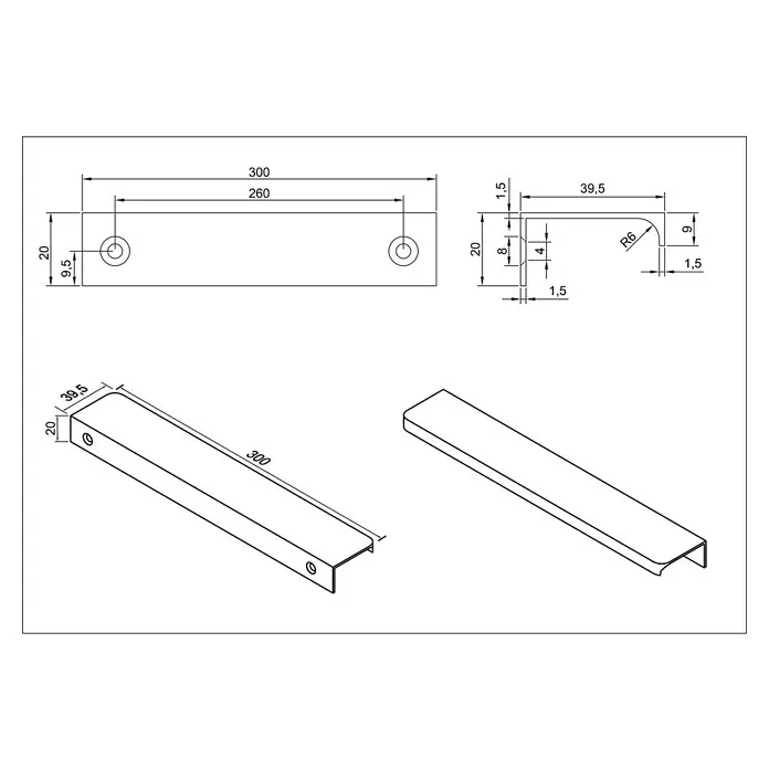 Cordia Möbelgriff 30 cm - Lochabstand: 260 mm, Aluminium, Gold - Möbelgriff, 300mm lang, 20mm hoch, 39.5mm Überstand, mit 260mm Befestigungslöchern.