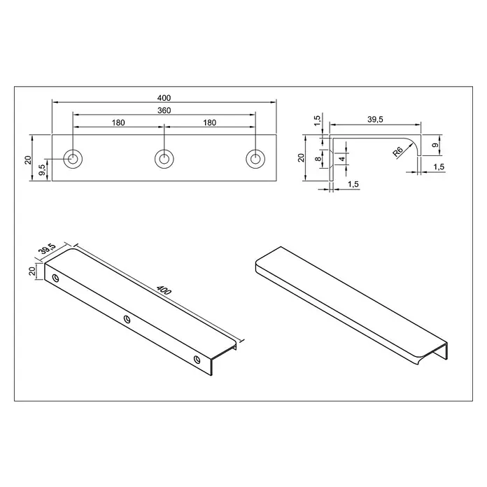 Cordia Möbelgriff 40 cm - Lochabstand: 360 mm, Aluminium, Schwarz - Technische Zeichnung eines 400mm langen, C-förmigen Metallgriffs mit drei Befestigungslöchern.