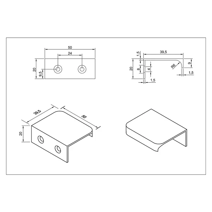 Cordia Möbelgriff 5 cm - Lochabstand: 24 mm, Aluminium, Schwarz - Silberne U-förmige Montagehalterung aus Metall, 50x20mm, mit zwei Bohrlöchern zur Befestigung.