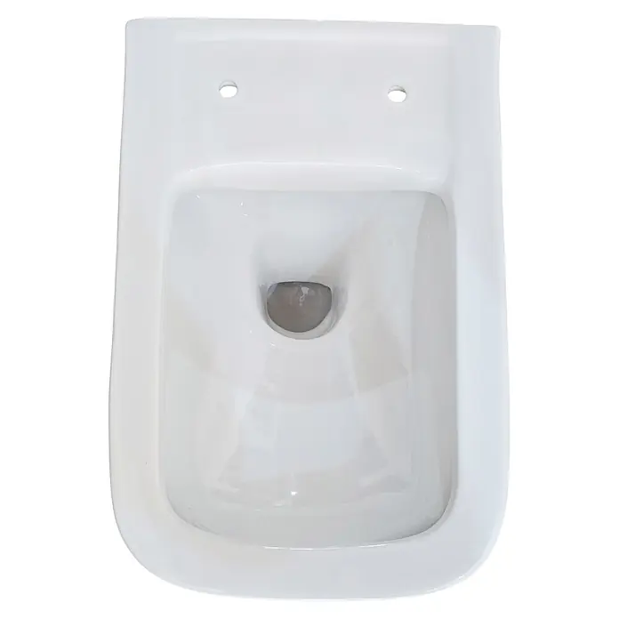 Sanicomfort Opia Wand-WC - Spülrandlos, Ohne Spezialglasur, Spülform: Tief, WC Abgang: Waagerecht, Weiß - Blick von oben auf ein weißes Keramikurinal mit glänzender Oberfläche und mittigem Abfluss.