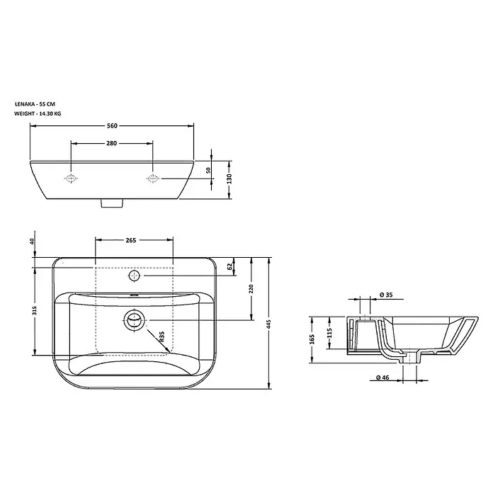 Sanicomfort Waschbecken Lenaka - B x L: 56 x 44,5 cm, Ohne Spezialglasur, Hahnloch: Mitte, Mit Überlauf, Weiß - Technische Zeichnung eines Lenaka 55 cm Waschbeckens mit detaillierten Maßen und einem Gewicht von 14,30 kg.