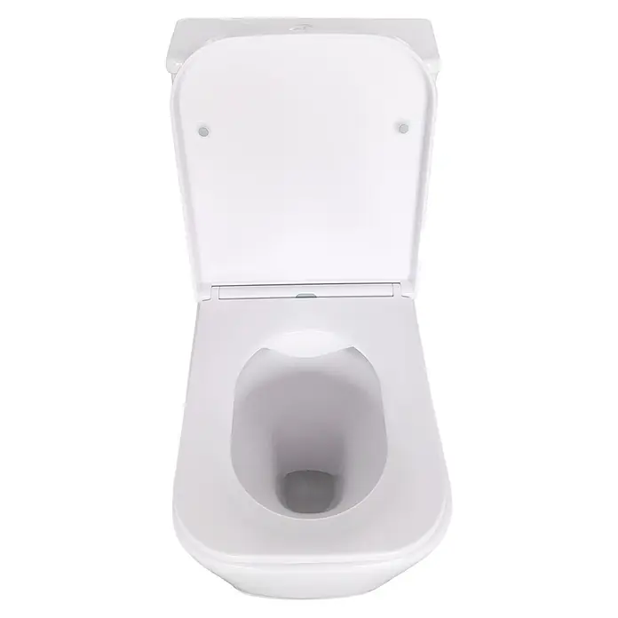 Sanicomfort Stand-WC-Set Aliki Square - Spülrandlos, Spülform: Tief, WC Abgang: Waagerecht, Weiß - Weißes Keramik-WC mit offenem Deckel, das die Schüssel zeigt.
