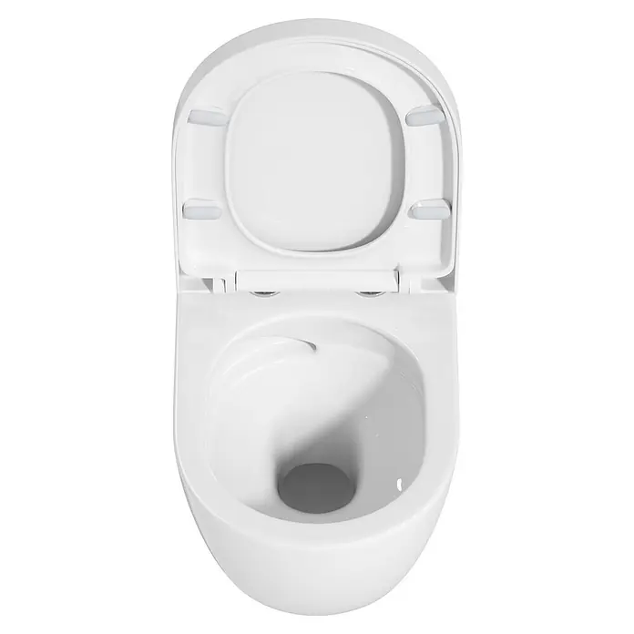 Sanicomfort Wand-WC-Set Adonis 2.0 - Spülrandlos, Spülform: Tief, WC Abgang: Waagerecht, Weiß - Weißes Keramik-WC mit geöffnetem Sitz und Deckel, das die Schüssel zeigt.