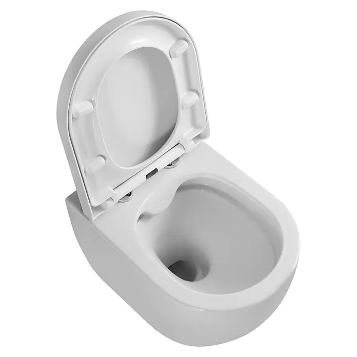 Sanicomfort Stand-WC-Set Rivo - Spülrandlos, Spülform: Tief, WC Abgang: Waagerecht, Weiß - Weiße Toilette mit geöffnetem Sitz und Deckel.