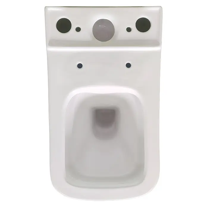 Sanicomfort Stand-WC-Set Aliki Square - Spülrandlos, Spülform: Tief, WC Abgang: Waagerecht, Weiß - Blick von oben auf eine moderne weiße Keramik-WC-Schüssel mit Spültasten-Mechanismus.