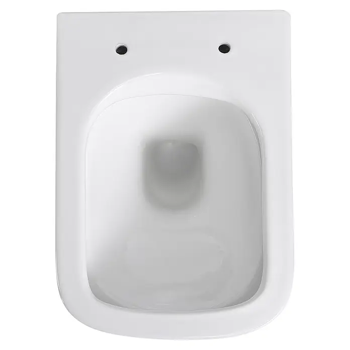 Sanicomfort Wand-WC-Set Aliki Square - Spülrandlos, Spülform: Tief, WC Abgang: Waagerecht, Weiß - Weißes Wand-WC aus Keramik, Draufsicht, mit Becken und zwei Befestigungslöchern.
