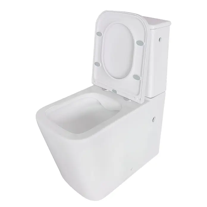 Sanicomfort Stand-WC-Set Aliki Square - Spülrandlos, Spülform: Tief, WC Abgang: Waagerecht, Weiß - Modernes weißes Keramik-WC mit geöffnetem Sitz und Deckel.