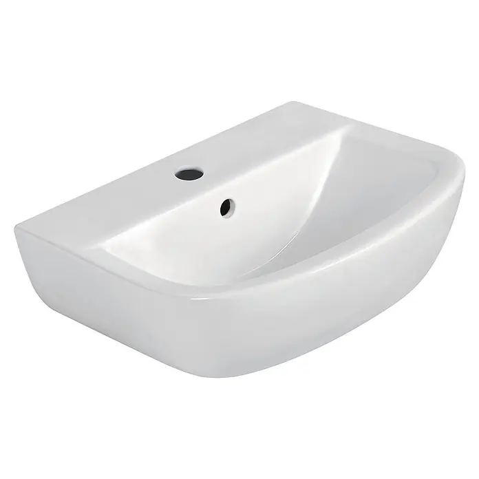 Sanicomfort Rekia Waschbecken - B x L: 60,9 x 44 cm, Ohne Spezialglasur, Hahnloch: Mitte, Mit Überlauf, Weiß - Weißes Keramikwaschbecken mit Hahn- und Abflusslöchern.
