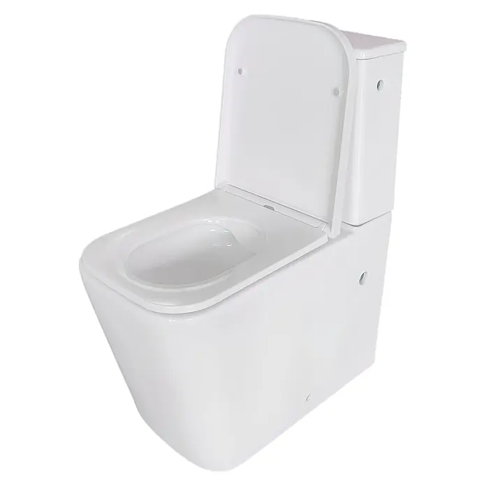 Sanicomfort Stand-WC-Set Aliki Square - Spülrandlos, Spülform: Tief, WC Abgang: Waagerecht, Weiß - Weißes Keramik-WC mit geöffnetem Deckel, das sein modernes Design zeigt.