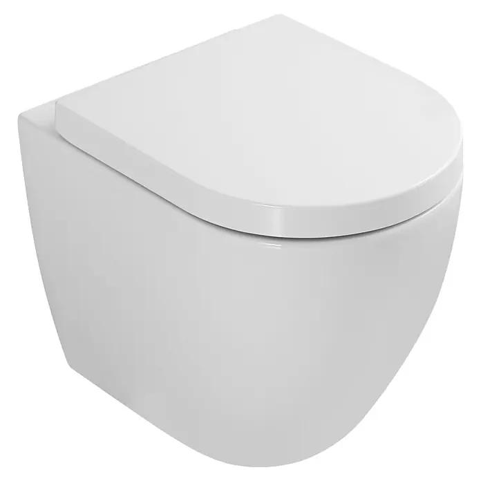 Sanicomfort Stand-WC-Set Rivo - Spülrandlos, Spülform: Tief, WC Abgang: Waagerecht, Weiß - Weißes wandhängendes WC mit geschlossenem Soft-Close-Deckel.