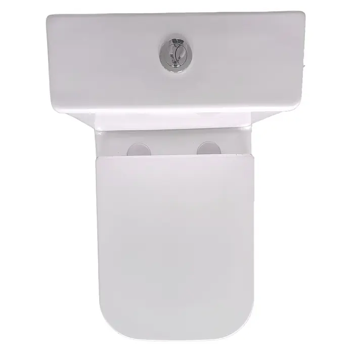 Sanicomfort Stand-WC-Set Aliki Square - Spülrandlos, Spülform: Tief, WC Abgang: Waagerecht, Weiß - Weiße Keramiktoilette von oben gesehen mit Chrom-Doppelspültaste und geschlossenem Deckel.