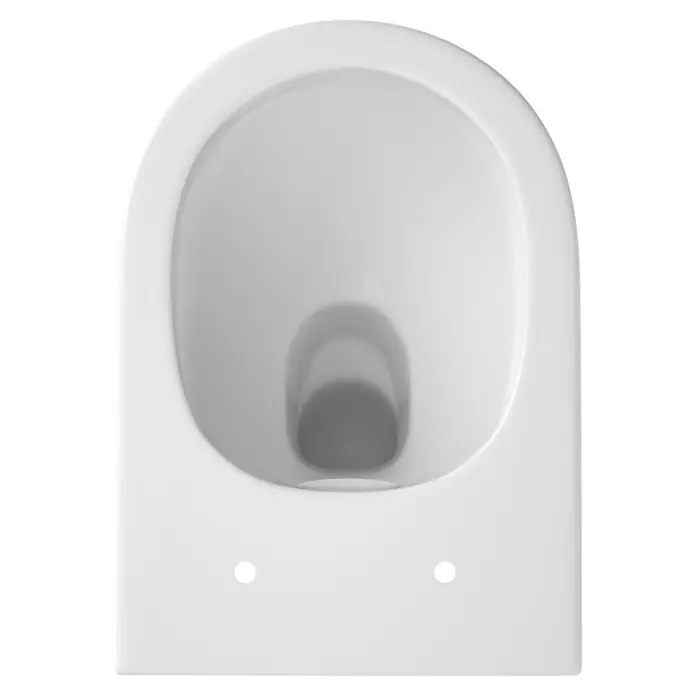 Sanicomfort Wand-WC-Set Rivo - Spülrandlos, Spülform: Tief, WC Abgang: Waagerecht, Weiß - Weiße Keramik-Toilettenschüssel, Draufsicht, mit Innenbecken und zwei vorderen Befestigungslöchern.