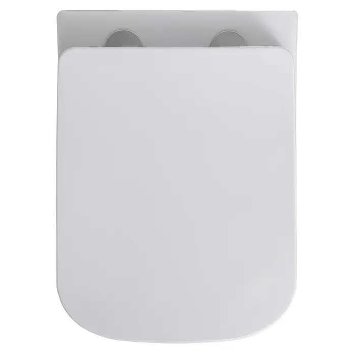 Sanicomfort Wand-WC-Set Aliki Square - Spülrandlos, Spülform: Tief, WC Abgang: Waagerecht, Weiß - Weißer WC-Sitz mit abgerundeten Ecken und silbernen Scharnierabdeckungen, von oben gesehen.