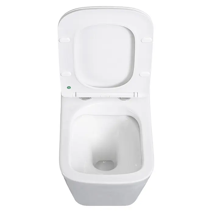 Sanicomfort Wand-WC-Set Aliki Square - Spülrandlos, Spülform: Tief, WC Abgang: Waagerecht, Weiß - Weißes Keramik-WC mit geöffnetem Deckel, von oben gesehen.
