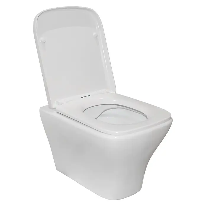 Sanicomfort Wand-WC-Set Artio - Spülrandlos, Spülform: Tief, WC Abgang: Waagerecht, Weiß - Weißes Keramik-WC mit geöffnetem Deckel, modernes, quadratisches Design.