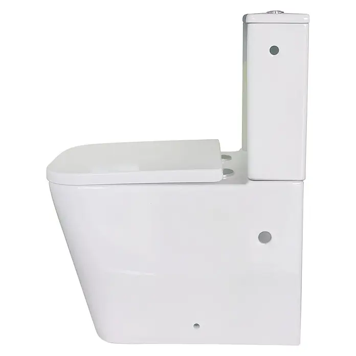 Sanicomfort Stand-WC-Set Aliki Square - Spülrandlos, Spülform: Tief, WC Abgang: Waagerecht, Weiß - Weiße, nahgekoppelte Keramiktoilette, Seitenansicht.