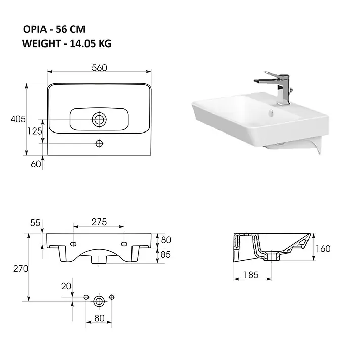 Sanicomfort Opia Waschbecken - B x L: 56 x 40,5 cm, Ohne Spezialglasur, Hahnloch: Mitte, Mit Überlauf, Weiß - Weißes Keramik-Wandwaschbecken mit Armatur und detaillierten technischen Zeichnungen.
