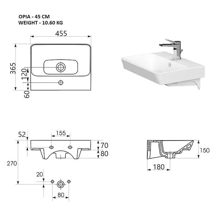 Sanicomfort Opia Waschbecken - B x L: 45,5 x 36,5 cm, Ohne Spezialglasur, Hahnloch: Mitte, Mit Überlauf, Weiß - Modernes weißes Keramik-Wandwaschbecken mit integriertem Hahnloch, dargestellt mit technischen Zeichnungen.