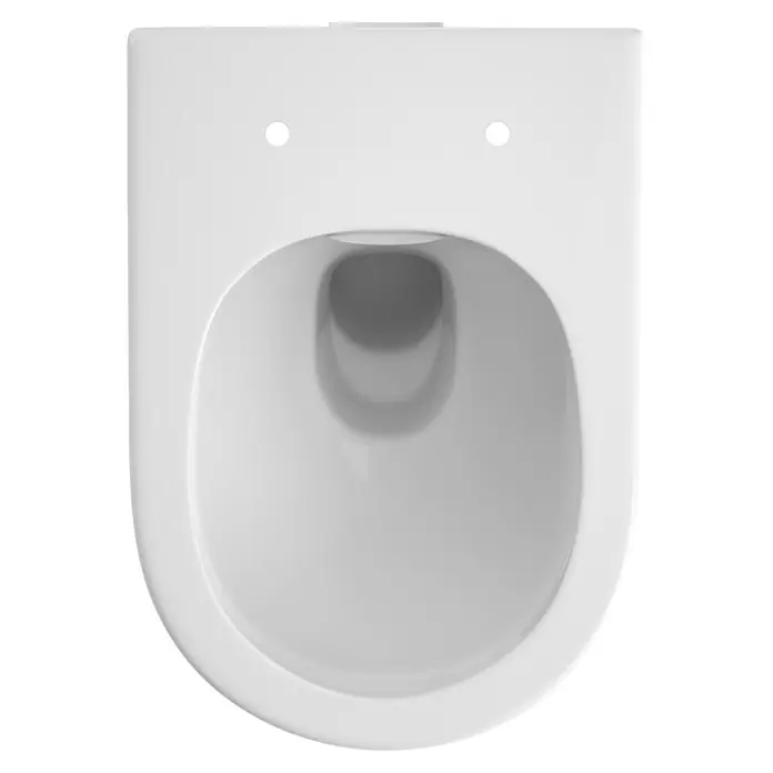 Sanicomfort Stand-WC-Set Rivo - Spülrandlos, Spülform: Tief, WC Abgang: Waagerecht, Weiß - Weiße Keramik-Toilettenschüssel, Draufsicht, mit Becken und Befestigungslöchern.