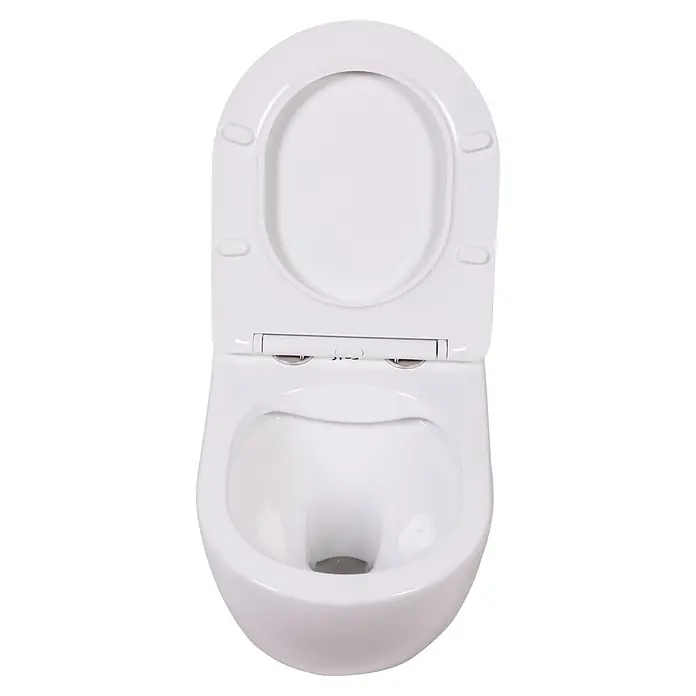 Sanicomfort Wand-WC-Set Aliki - Spülrandlos, Spülform: Tief, WC Abgang: Waagerecht, Weiß - Weiße Keramiktoilette mit geöffnetem Deckel und Sitz, die das Becken zeigt.