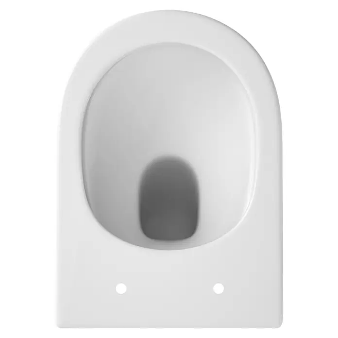 Sanicomfort Stand-WC-Set Cozy - Spülrandlos, Ohne Spezialglasur, Spülform: Tief, WC Abgang: Waagerecht, Weiß - Ansicht von oben auf ein weißes Keramik-WC mit dunklem, ovalem Abfluss. Zwei kleine runde Löcher sind vorne sichtbar.