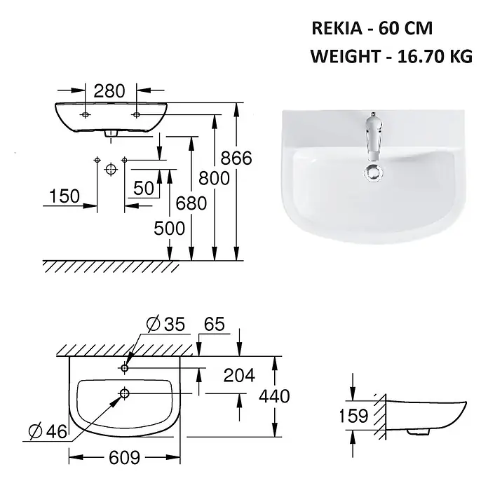 Sanicomfort Rekia Waschbecken - B x L: 60,9 x 44 cm, Ohne Spezialglasur, Hahnloch: Mitte, Mit Überlauf, Weiß - Weißes Keramikwaschbecken mit detaillierten technischen Zeichnungen und Abmessungen. Inklusive Aufsichtsfoto des Beckens mit Armatur.