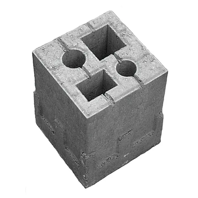 Christoph Zaun-Fundamentstein 4in1 - Grau, 19 x 19 x 25 cm, Beton - Nahaufnahme eines grauen Betonpflasters mit Löchern und Aussparungen, das die robuste Bauweise und Funktionalität hervorhebt.