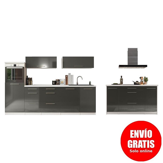 Respekta Premium Cocina de isla (Ancho: 280 cm, Con dispositivos eléctricos, Gris de alto brillo)
