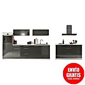 Respekta Premium Cocina de isla (Ancho: 280 cm, Con dispositivos eléctricos, Gris de alto brillo)