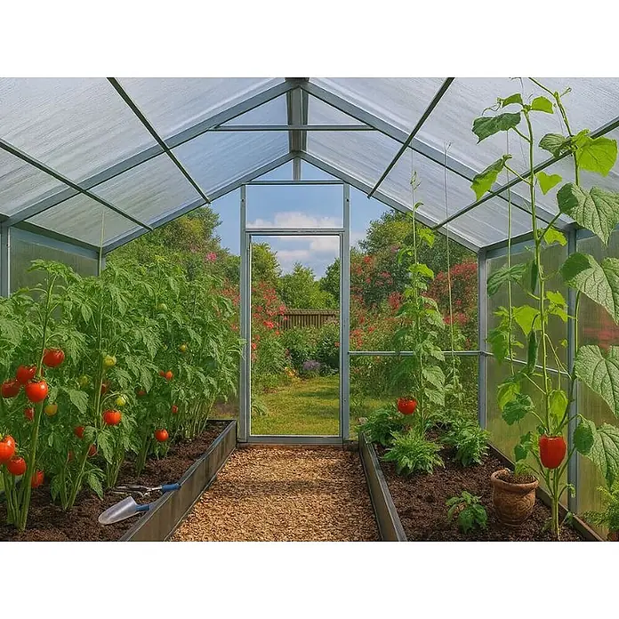 Garten Dream Gewächshaus Flora, 10mm Polycarbonat - 300 x 600 cm, Material Seitenwand: Kunststoff, 10 mm, Silber - Geräumiges Gewächshaus mit Metallrahmen und transparenten Platten, gefüllt mit Tomaten- und Kletterpflanzen.