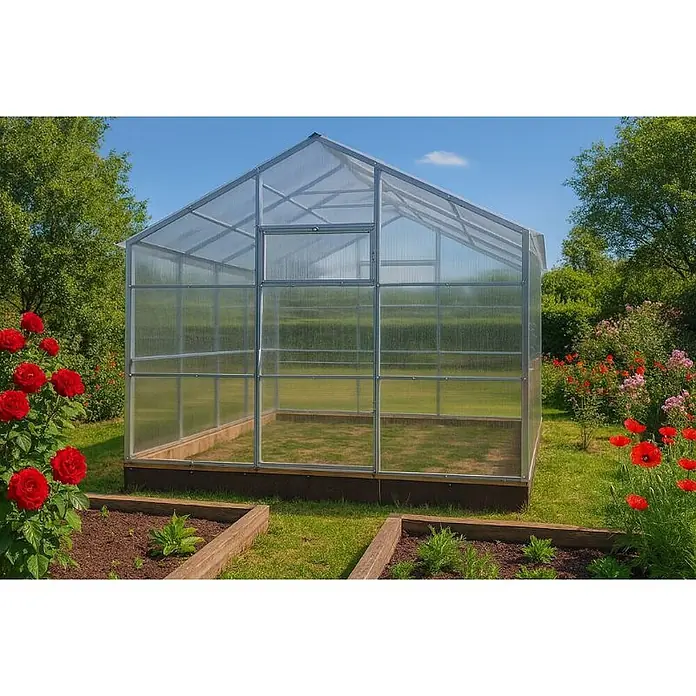 Garten Dream Gewächshaus Flora, 10mm Polycarbonat - 300 x 600 cm, Material Seitenwand: Kunststoff, 10 mm, Silber - Ein kompaktes, transparentes Gewächshaus mit silbernem Rahmen, in einem Garten, bereit zur Bepflanzung.