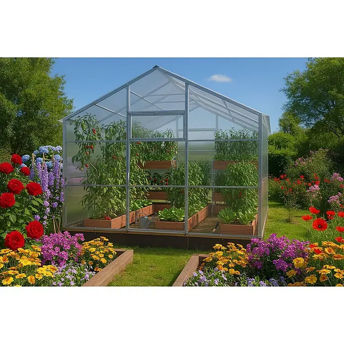 Garten Dream Gewächshaus Flora, 10mm Polycarbonat - 300 x 600 cm, Material Seitenwand: Kunststoff, 10 mm, Silber - Ein klares Gewächshaus mit Metallrahmen, gefüllt mit gedeihenden Pflanzen, in einem blühenden Garten.