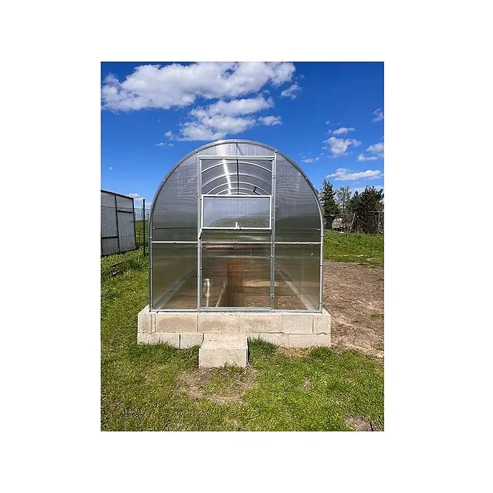 Garten Dream Gewächshaus Mini, 4mm Polycarbonat - Außenmaß inkl. Dachüberstand (B x T): 200 x 600 cm, Material Seitenwand: Kunststoff, 4 mm, Silber - Ein gewölbtes, transparentes Gewächshaus mit Metallrahmen und Lüftungsfenster, auf Betonblöcken in einer Wiese.