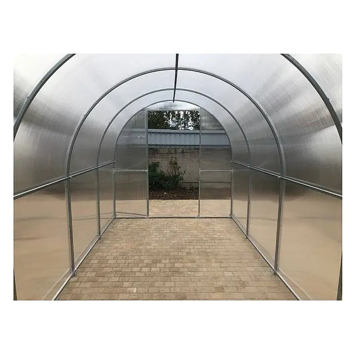 Garten Dream Gewächshaus Mini, 4mm Polycarbonat - Außenmaß inkl. Dachüberstand (B x T): 200 x 600 cm, Material Seitenwand: Kunststoff, 4 mm, Silber - Gewölbter Gewächshaustunnel mit transparenten Polycarbonatplatten und Metallrahmen, gepflastertem Innenraum und offener Tür.