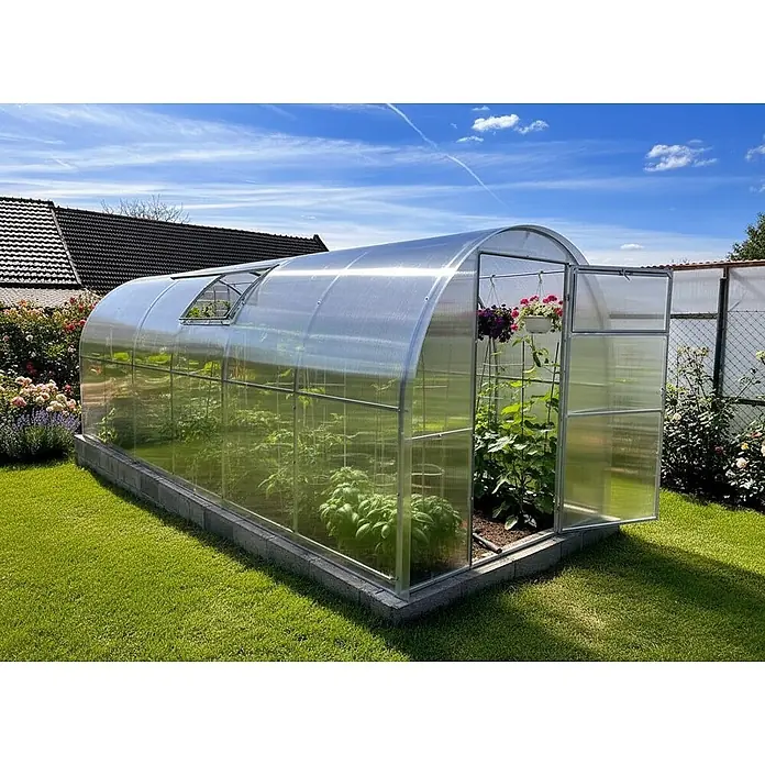 Garten Dream Gewächshaus Mini, 4mm Polycarbonat - Außenmaß inkl. Dachüberstand (B x T): 200 x 600 cm, Material Seitenwand: Kunststoff, 4 mm, Silber - Gewölbtes Polycarbonat-Gewächshaus mit silbernem Rahmen, Lüftungsklappe und offener Tür, gefüllt mit Pflanzen im sonnigen Garten.