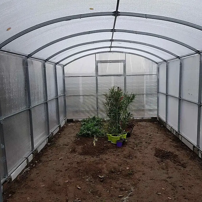 Garten Dream Gewächshaus Gabriela, 6mm Polycarbonat - 300 x 600 cm, 6 mm, Silber - Bogenförmiges Gewächshaus-Interieur mit Metallrahmen und lichtdurchlässigen Platten, für Pflanzenanbau genutzt.