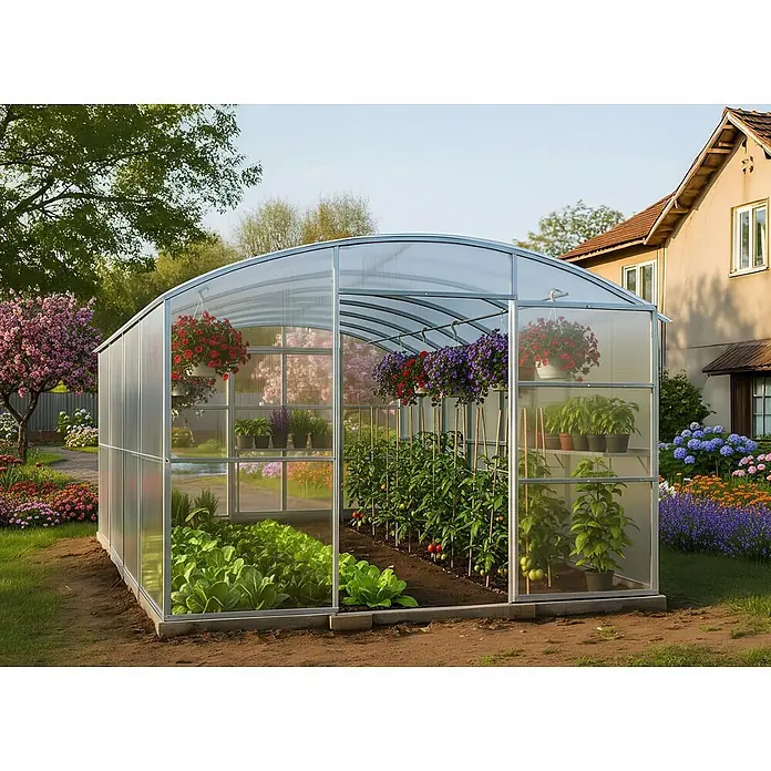 Garten Dream Gewächshaus Gabriela, 6mm Polycarbonat - 300 x 600 cm, 6 mm, Silber - Gewölbtes, transparentes Gewächshaus mit Metallrahmen, gefüllt mit Pflanzen und Blumen im Garten.