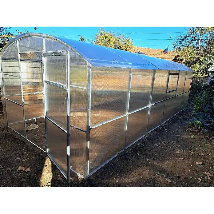 Garten Dream Gewächshaus Gabriela, 6mm Polycarbonat - 300 x 600 cm, 6 mm, Silber - Tunnelgewächshaus aus klaren Polycarbonatplatten und Metallrahmen, mit Tür und Seitenfenster.