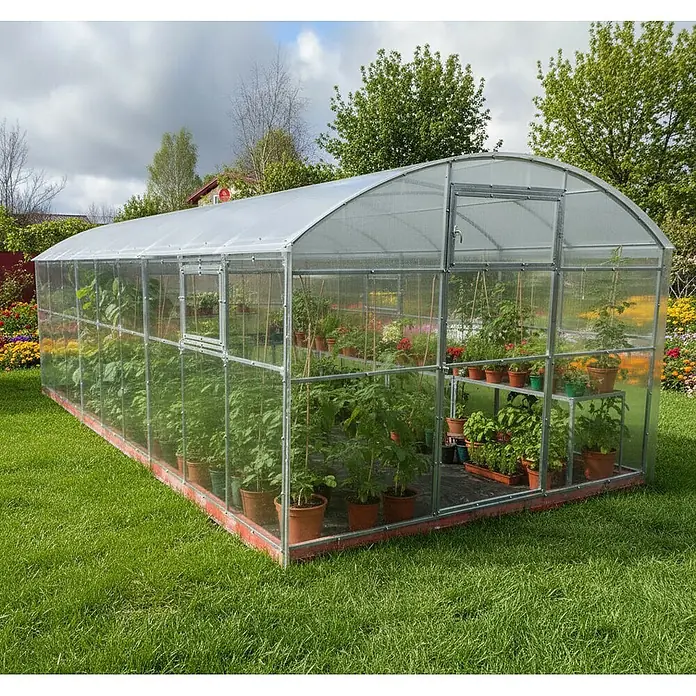 Garten Dream Gewächshaus Gardener, 6mm Polycarbonat - Außenmaß inkl. Dachüberstand (B x T): 300 x 600 cm, Material Seitenwand: Kunststoff, 6 mm, Silber - Großes gewölbtes Gewächshaus mit transparenten Paneelen und Metallrahmen, gefüllt mit Topfpflanzen.
