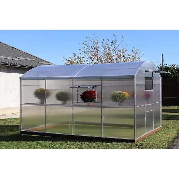 Garten Dream Gewächshaus Gardener, 6mm Polycarbonat - Außenmaß inkl. Dachüberstand (B x T): 300 x 600 cm, Material Seitenwand: Kunststoff, 6 mm, Silber - Freistehendes Gewächshaus aus klarem Polycarbonat mit Metallrahmen und Bogendach, inklusive geöffnetem Lüftungsfenster.