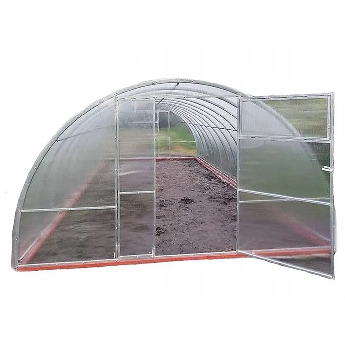 Garten Dream Gewächshaus Sofia, 4mm Polycarbonat - Außenmaß inkl. Dachüberstand (B x T): 350 x 600 cm, Material Seitenwand: Kunststoff, 4 mm, Silber - Gebogenes Gewächshaus aus Polycarbonat mit Metallrahmen und offener Tür, leeren Innenraum zeigend.