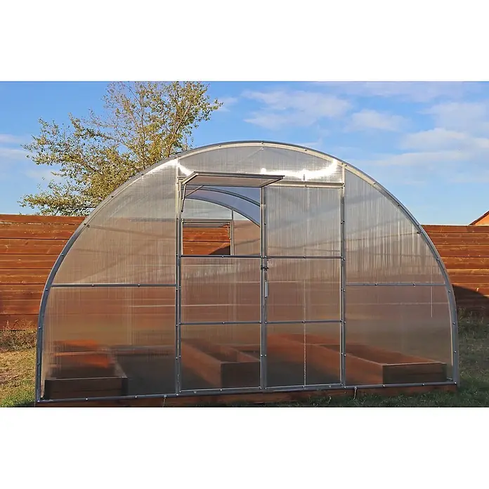 Garten Dream Gewächshaus Majestic, 4mm Polycarbonat - Außenmaß inkl. Dachüberstand (B x T): 400 x 400 cm, Material Seitenwand: Kunststoff, 4 mm, Silber - Gewölbtes Gewächshaus mit transparenten Platten, Metallrahmen, offenem Lüftungsfenster und Hochbeeten.