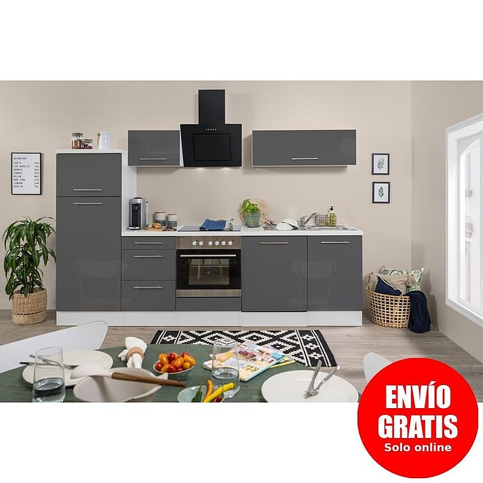 Respekta Premium Composición de cocina (Ancho: 280 cm, Con dispositivos eléctricos, Gris de alto brillo)