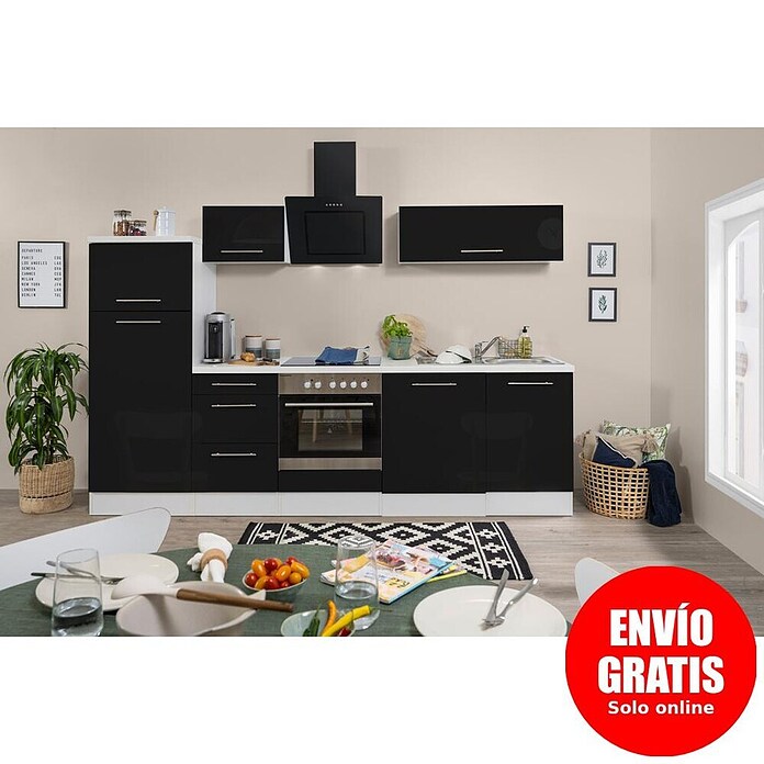 Respekta Premium Composición de cocina (Ancho: 280 cm, Con dispositivos eléctricos, Negro de alto brillo)
