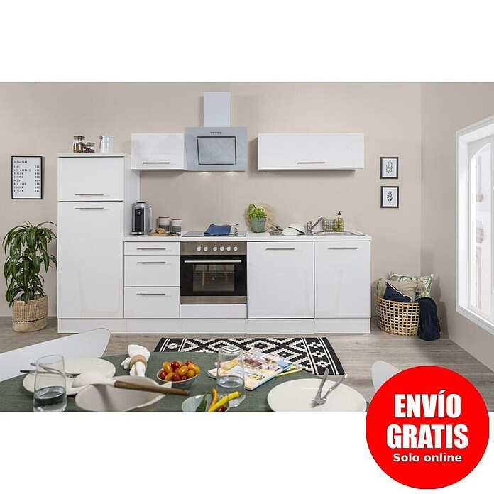 Respekta Premium Composición de cocina (Ancho: 280 cm, Con dispositivos eléctricos, Blanco de alto brillo)