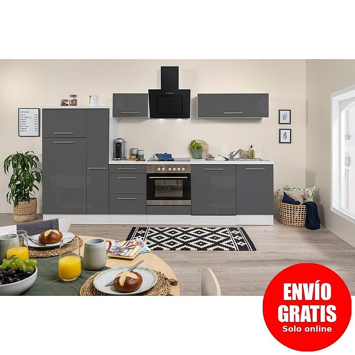 Respekta Premium Composición de cocina (Ancho: 310 cm, Con dispositivos eléctricos, Gris de alto brillo)