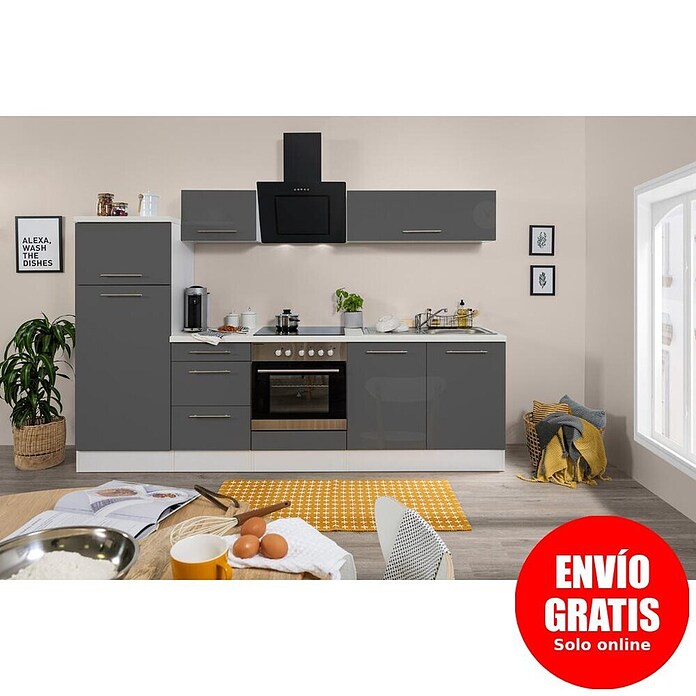 Respekta Premium Composición de cocina (Ancho: 270 cm, Con dispositivos eléctricos, Gris de alto brillo)