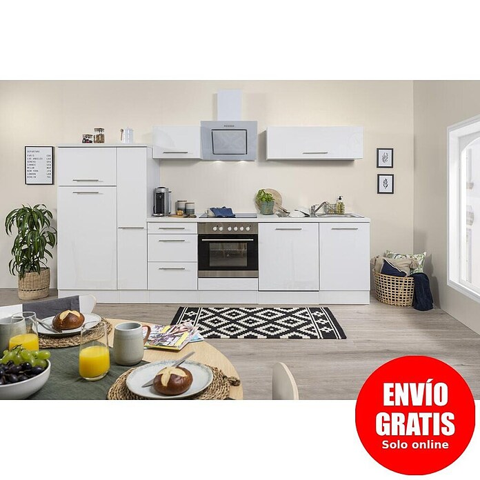 Respekta Premium Composición de cocina (Ancho: 310 cm, Con dispositivos eléctricos, Blanco de alto brillo)